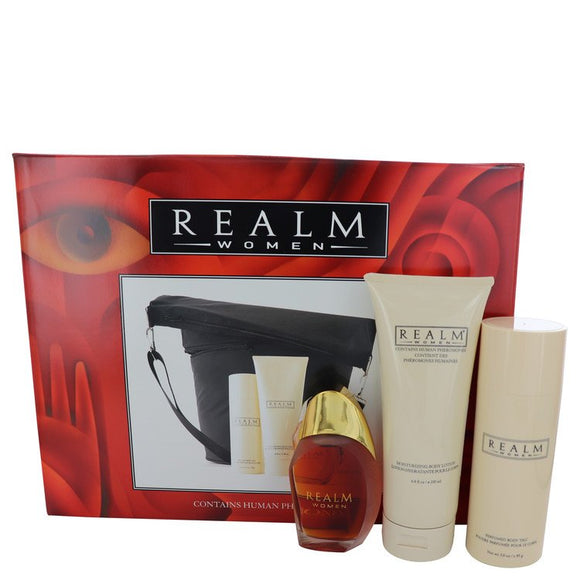 REALM Gift Set  1.7 oz Eau De Toilette Spray + 3 oz Talc + 6.8 oz Body Lotion with Expandable Duffle Bag For Women by Erox