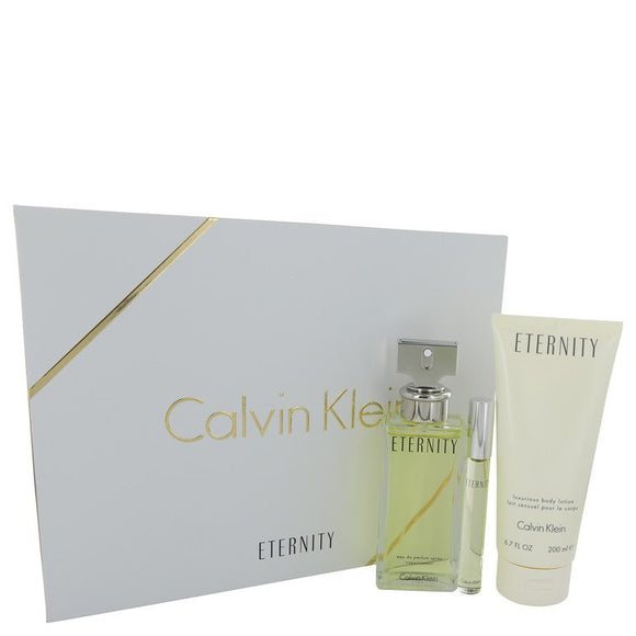 Eternity Gift Set - 3.4 oz Eau De Parfum Spray + .33 oz Mini EDP Roller Ball + 6.7 oz Body Lotion For Women by Calvin Klein