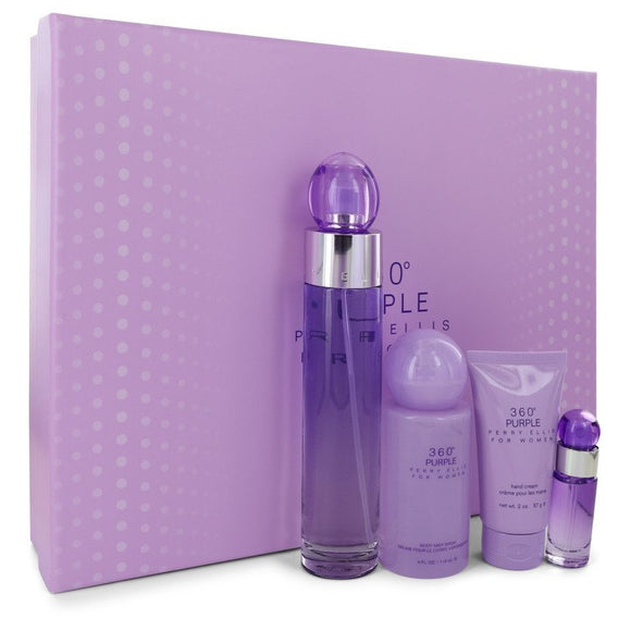 Perry Ellis 360 Purple Gift Set  3.4 oz Eau De Parfum Spray + .25 oz Mini EDP Spray + 2 oz Hand Cream + 4 oz Body Spray For Women by Perry Ellis